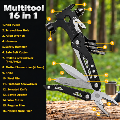 Multitool Hammer 16-in-1 & 14-in-1 – Window Breaker, Seatbelt Cutter, Wrench, Pliers & Knife