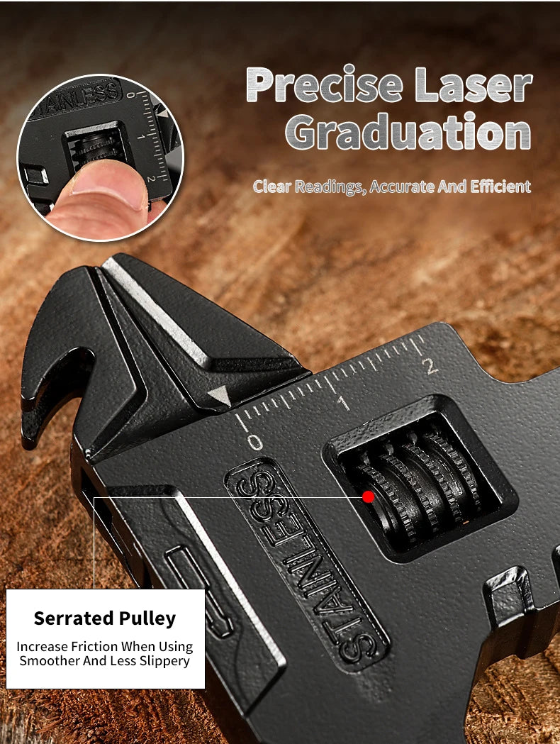 Precise laser graduation and serrated pulley on the wrench