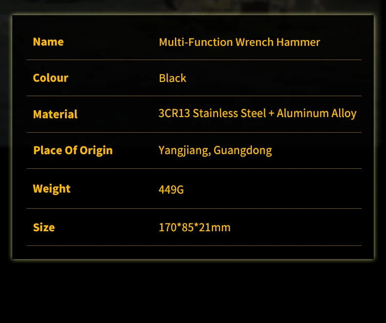 Multitool hammer specifications table