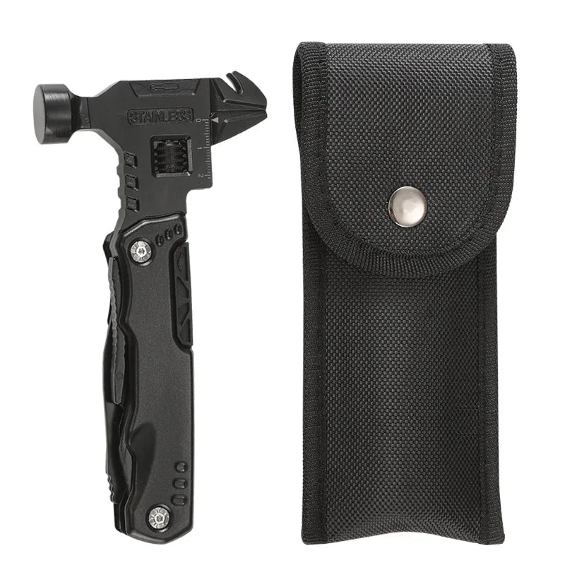 Black multitool hammer and nylon sheath on white background