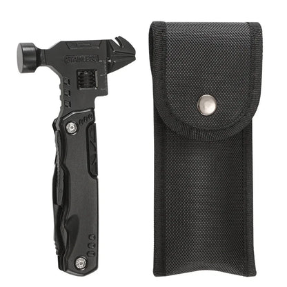 Black multitool hammer and nylon sheath on white background