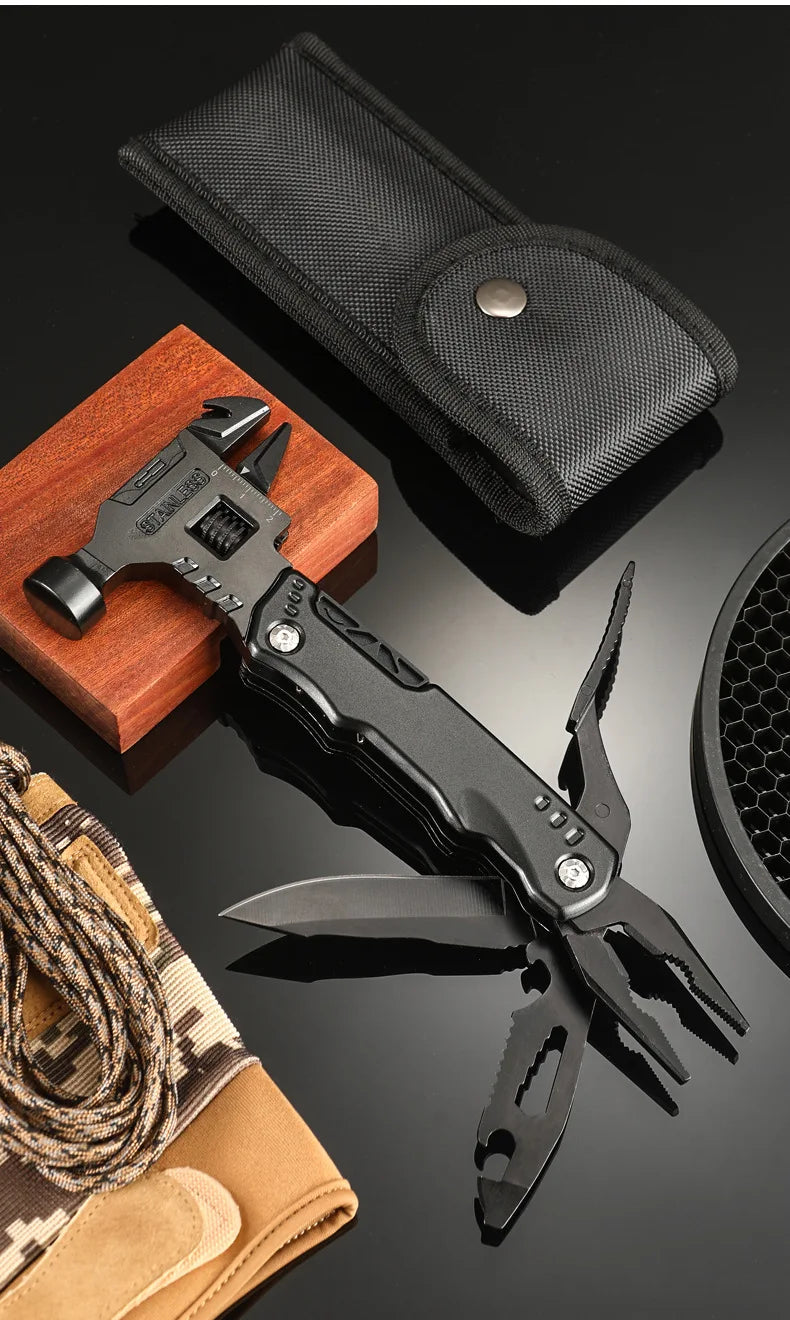 Multitool hammer with pliers, knife and nylon sheath