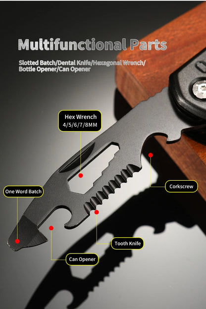 Hex wrench, serrated edge, bottle opener and can opener