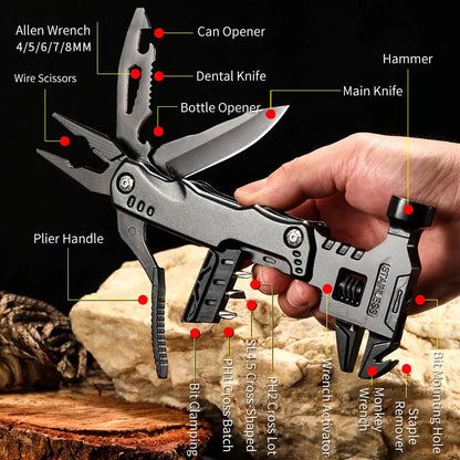 Multitool hammer with all 14 tools unfolded and labeled