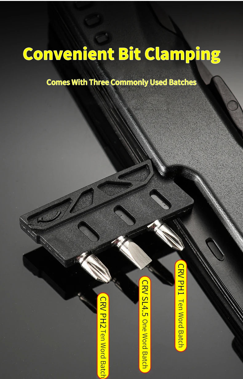 Built-in screwdriver bit holder with PH1, PH2 and SL4.5 bits