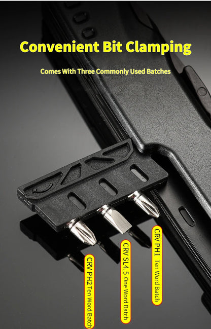 Built-in screwdriver bit holder with PH1, PH2 and SL4.5 bits