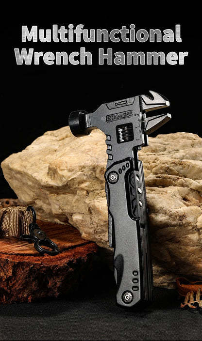 Multifunctional wrench hammer standing on a rock