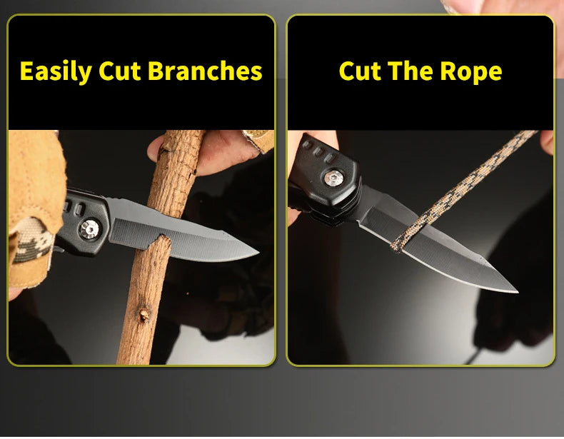 Knife cutting a branch and a rope