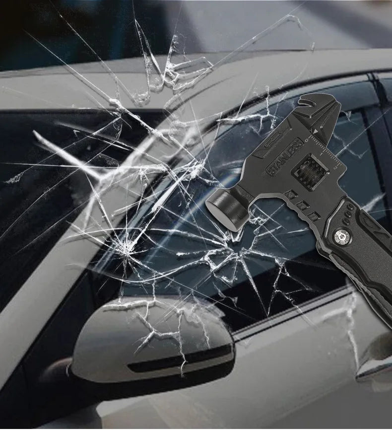 Multitool hammer next to a car window