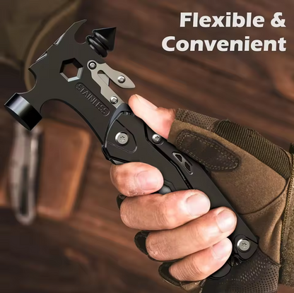 16-in-1 multitool hammer with seatbelt cutter held in hand