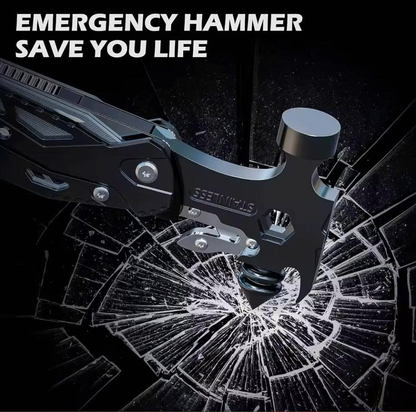 16-in-1 multitool with spike safety hammer for breaking car window glass