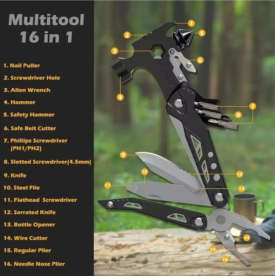 16-in-1 emergency multitool hammer with all tools labeled